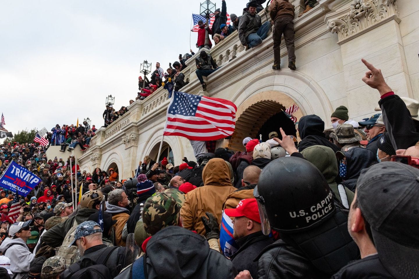 Demonstrators attempted to enter the US Capitol building during a protest in Washington, D.C., on Jan. 6, 2021.
