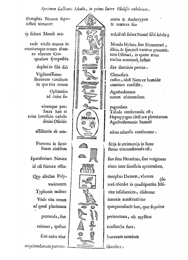 Kircher's translation of the Minervan obelisk. It begins "Hemphta the supreme spirit and archetype infuses its virtue and gifts in the soul of the sidereal world..." Obelisci Aegyptiaci, p. 78.