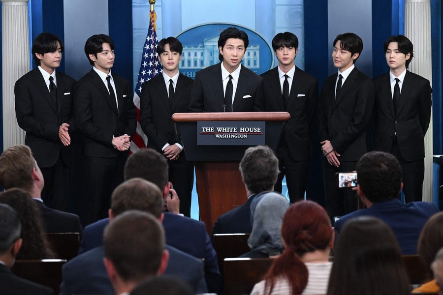 Korean band BTS appears at the daily press briefing in the Brady Press Briefing of the White House in Washington, DC, May 31, 2022, as they visit to discuss Asian inclusion and representation, and addressing anti-Asian hate crimes and discrimination.