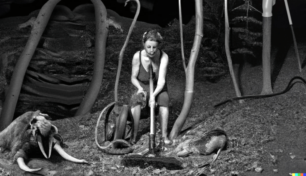 DALL-E 2 input: "a neanderthal woman uses a Hoover vacuum to clean a forest floor littered with mastodon bones and plucked feathers, in the style of Diane Arbus"