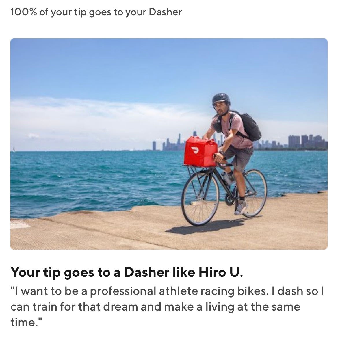 Did you know that the average #Dasher is represented in the DoorDash - Dasher app by "Hiro U." - who wants, "to be a professional athlete racing bikes," and dashes so he can "train for that dream and make a living at the same time." What spectacular fun and fortune for our #Hiro!