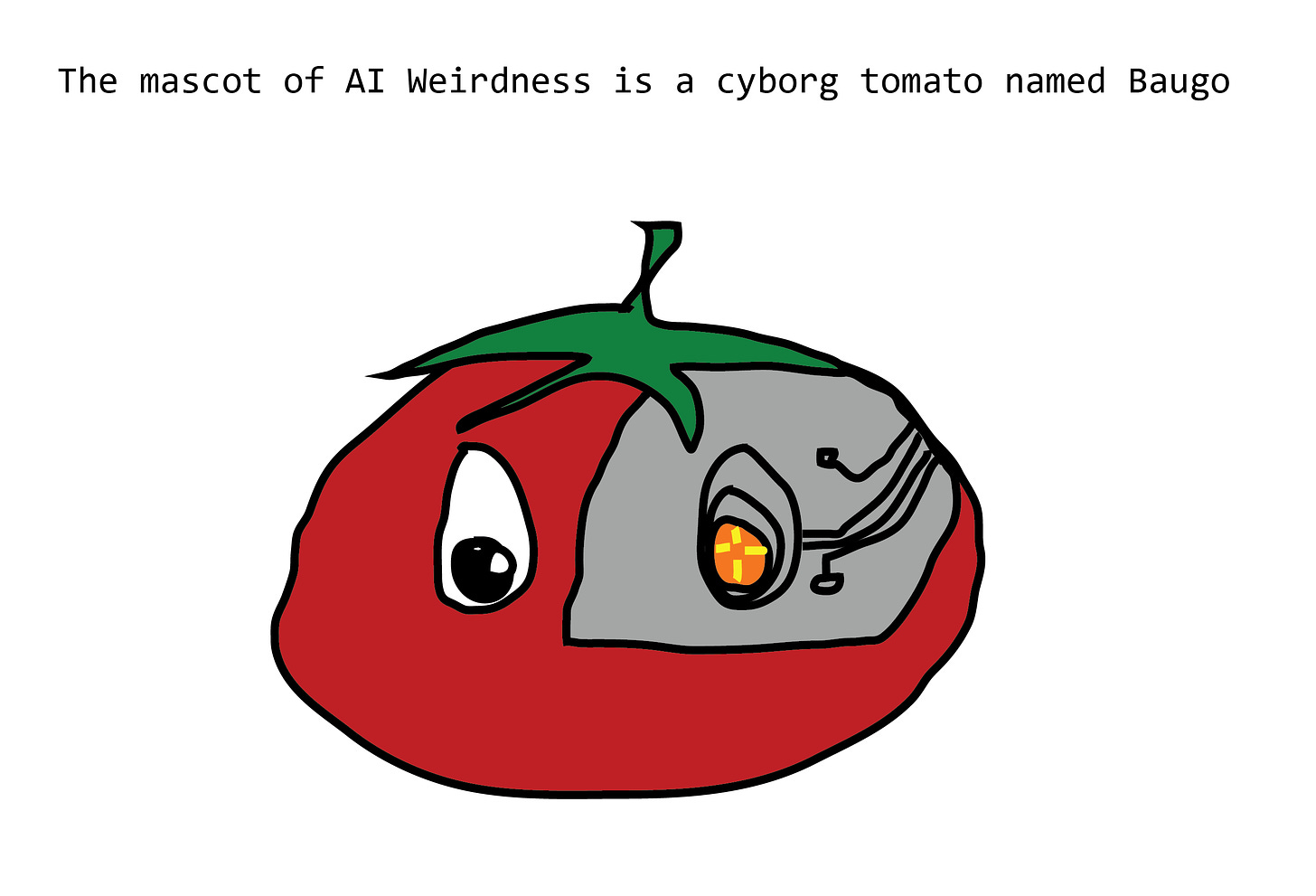 "The mascot of AI Weirdness is a cyborg tomato named Baugo". Tomato has a partially metal head, with one eye an orange telescoped thing with circuits and crosshairs.
