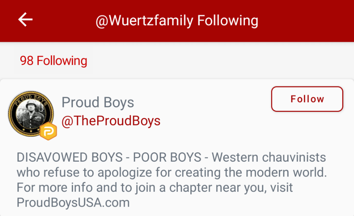 Proof of @WuertzFamily—purportedly Drake Wuertz’s wife—following the official Proud Boys account on Parler. (Image: Parler screenshot)