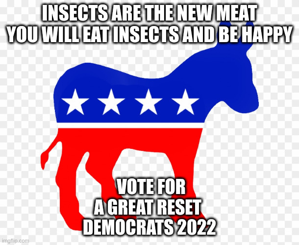  INSECTS ARE THE NEW MEAT
YOU WILL EAT INSECTS AND BE HAPPY; VOTE FOR A GREAT RESET 
DEMOCRATS 2022 | made w/ Imgflip meme maker