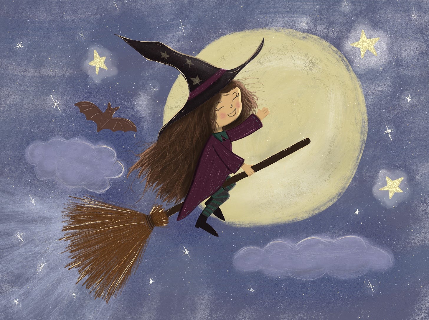 Drawing of a witch flying on a broom with the moon and stars as a backdrop and a bat flying alonside her.