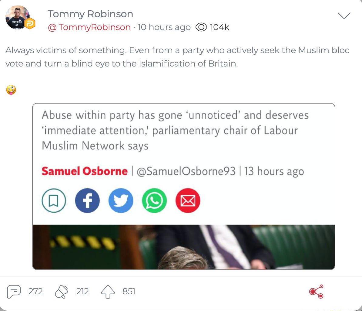 Tommy Robinson posting anti-Muslim content on Parler early on Saturday, November 14, 2020. (Image: Parler screenshot.)