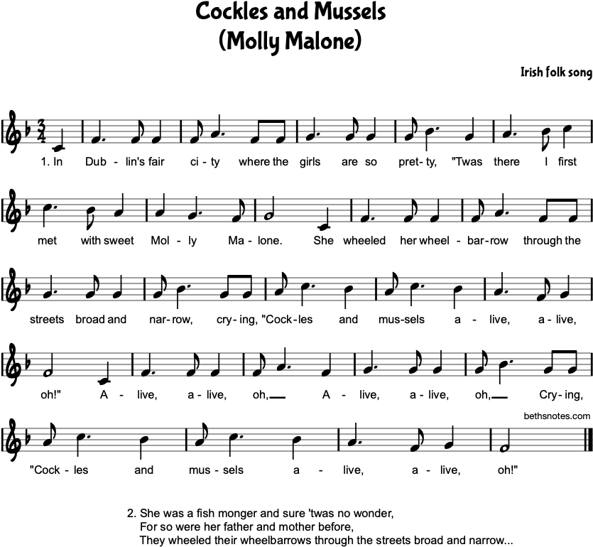 Cockles and Mussels (Molly Malone) - Beth's Notes