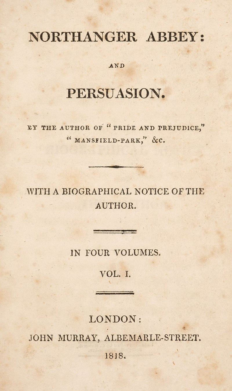 Title page of 1818 edition of Northanger Abbey and Persuasion. 
