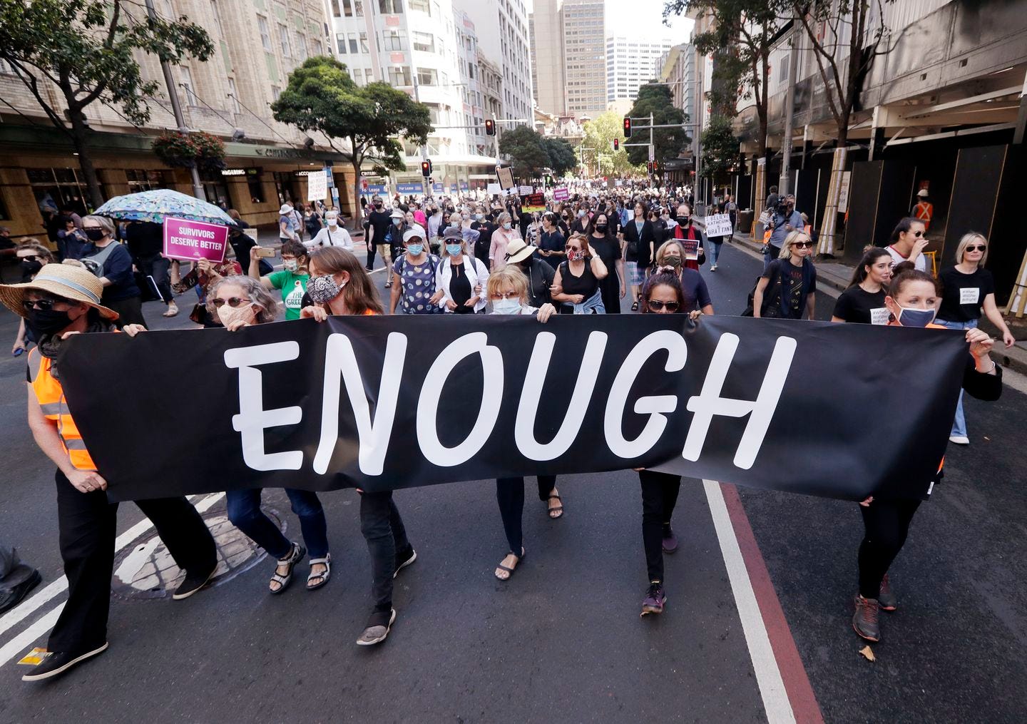 Thousands of people with placards and banners rally demanding justice for women in Sydney, on Monday, as the government reels from two separate allegations. The rally was one of several across Australia including in Canberra, Melbourne, Brisbane, and Hobart calling out sexism, misogyny and dangerous workplace cultures.