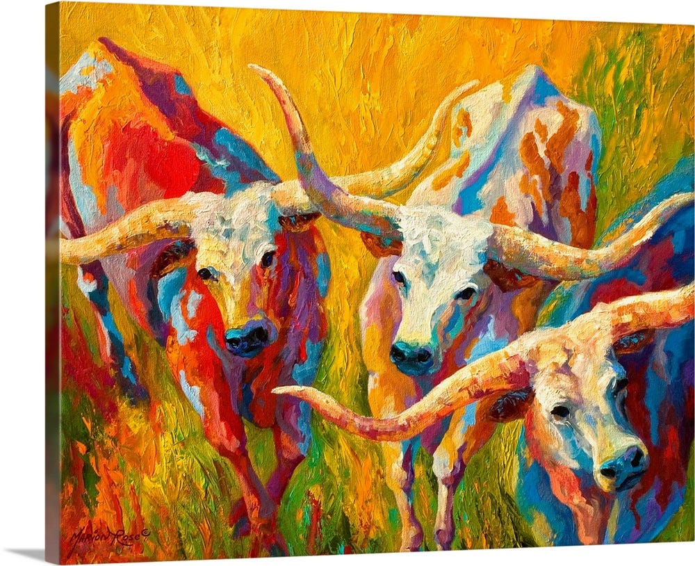 Contemporary painting by Marion Rose of three longhorn cattle in a bright, grassy field.