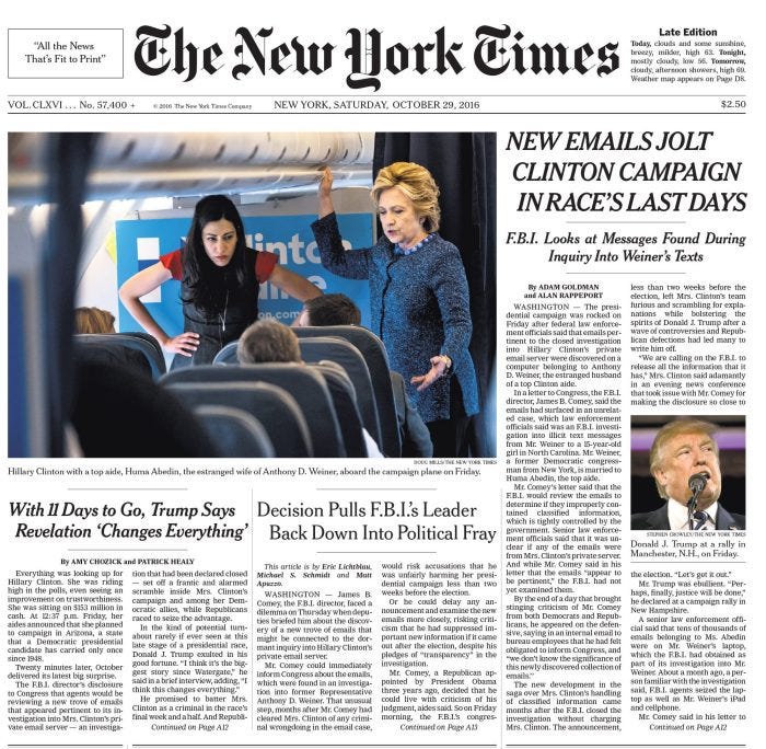 La portada del NYT, Octubre 29, 2016