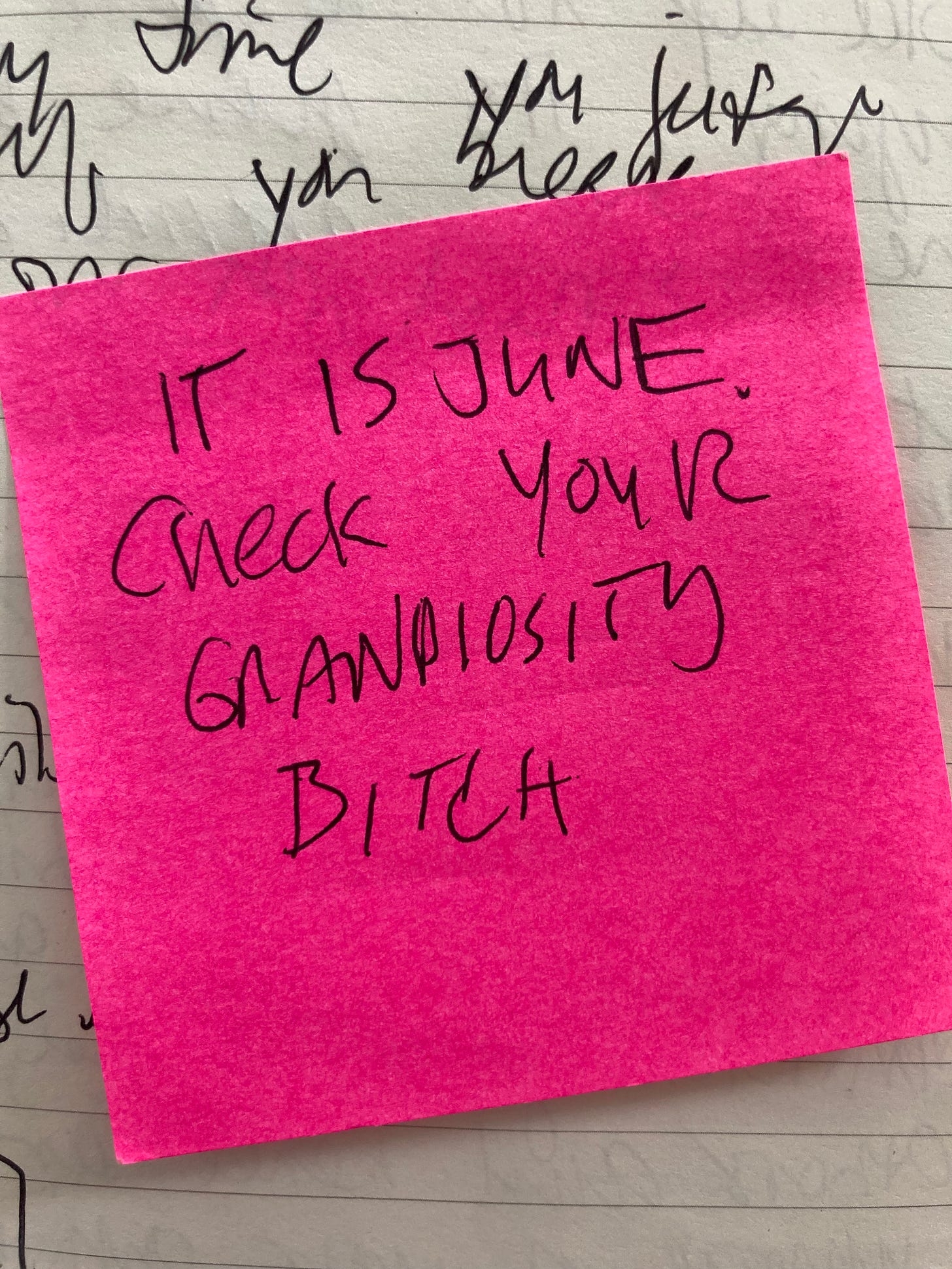 A hot pink sticky note that has scribbled on it the words IT IS JUNE. CHECK YOUR GRANDIOSITY BITCH