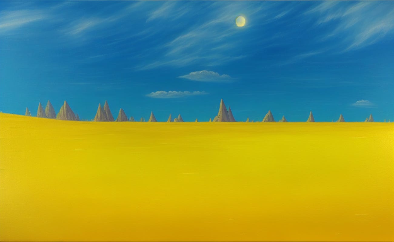 Futuristic landscape generated by AI using Ukraine flag as a starting image