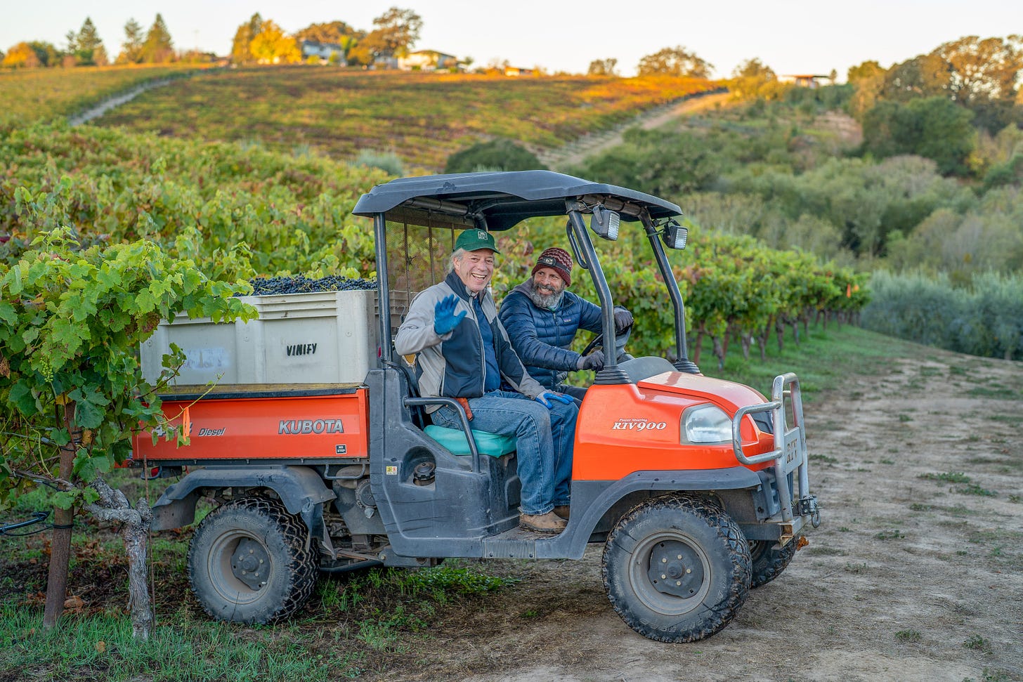 Stephen and Greg laughing from the vineyard tractor.