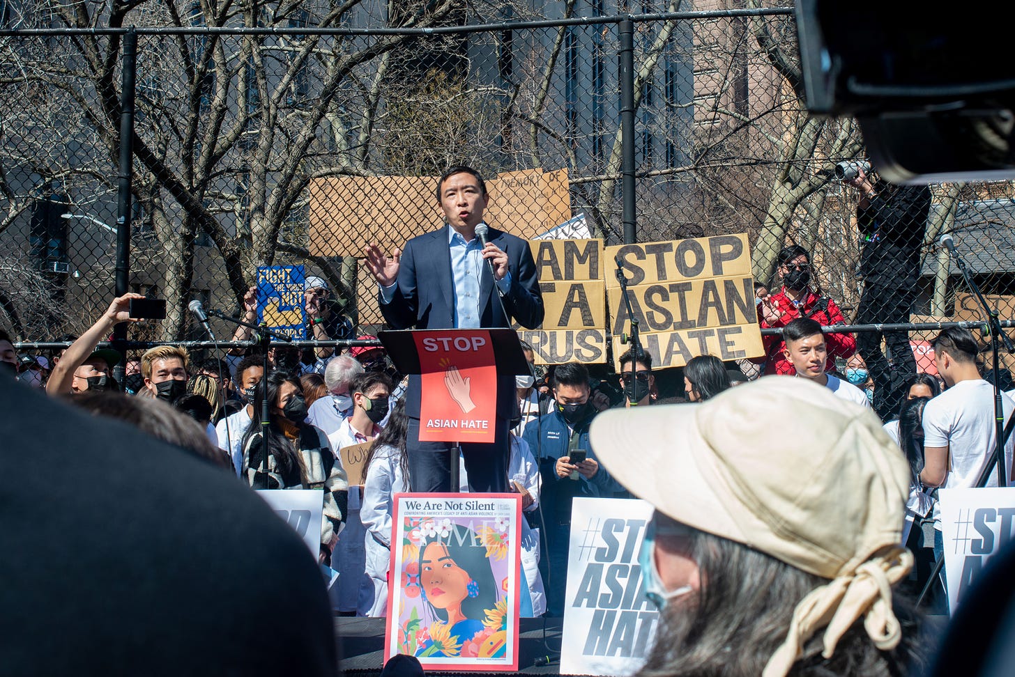 New York City Mayoral candidate Andrew Yang speaks at the "Rally Against Hate" in Chinatown on March 21, 2021 in New York City.