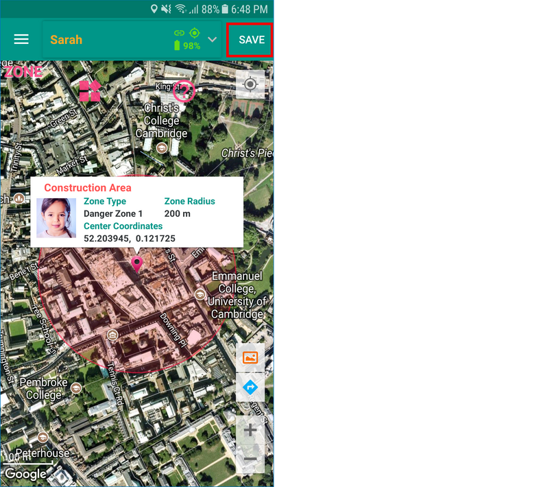 GeoFamily Controller App User Saves Added Zone - Screen | GPS Tracking App