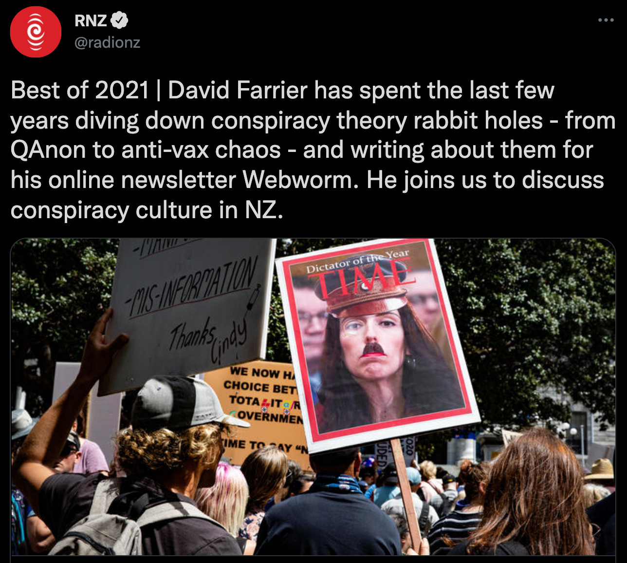 "Best of 2021 | David Farrier has spent the last few years diving down conspiracy theory rabbit holes - from QAnon to anti-vax chaos - and writing about them for his online newsletter Webworm. He joins us to discuss conspiracy culture in NZ."