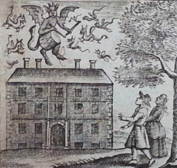 The devil and the drum, from the frontispiece to the third edition of Saducismus Triumphatus, 1700 (Public Domain).