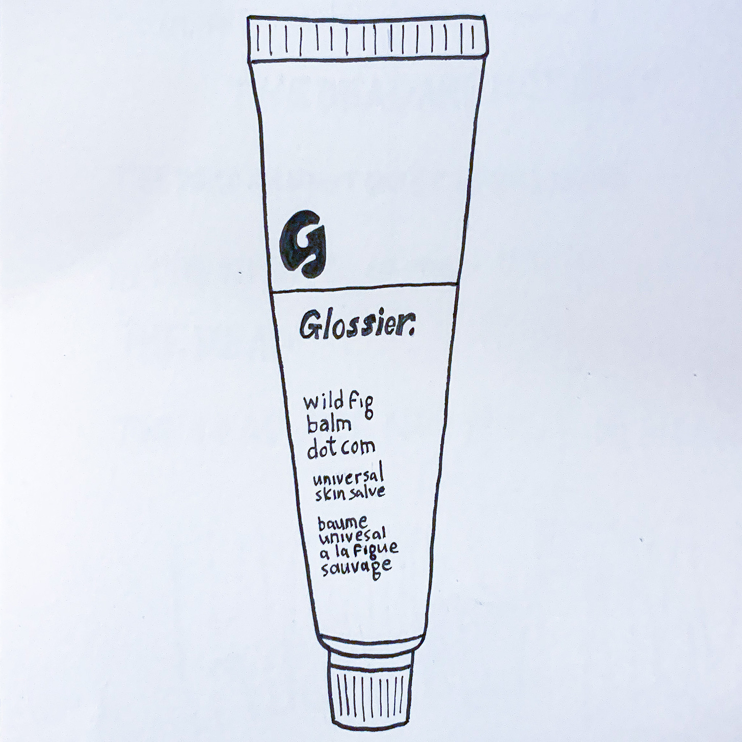 Black and white line drawing of Glossier Wild Fig Balm Dotcom tube
