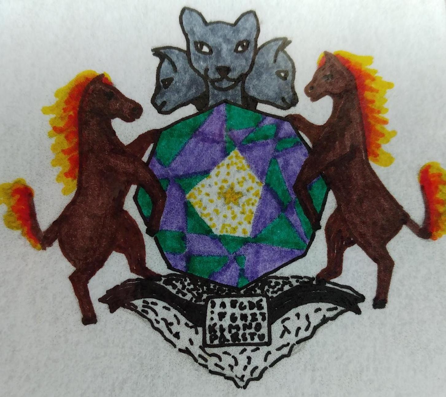 A friendship crest with two flaming horses on either side of a purple and green jewel with a gold center. Rising from the top of the jewel are three blank panther heads. Supporting the jewel at its base is a shell with a letterboard affixed to the front. 