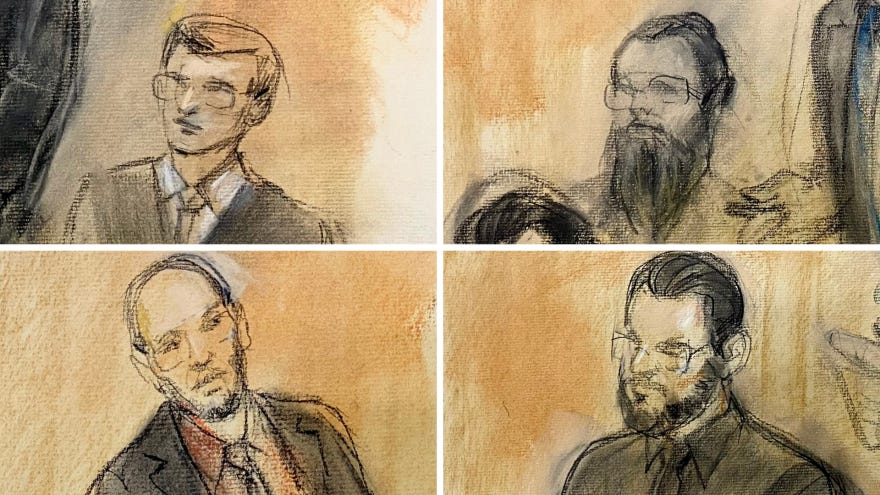 a collage of illustrations of four defendants