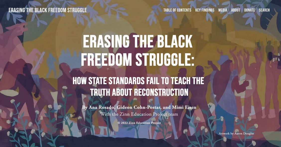 Screenshot of landing page: Erasing The Black Freedom Struggle: How State Standards Fail to Teach the Truth About Reconstruction. Against a background painting with abstract human figures and plants.