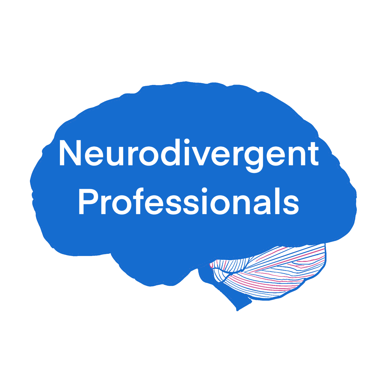 Image of an outline of a brain, coloured in blue with the words 'Neurodivergent professionals' written on it.