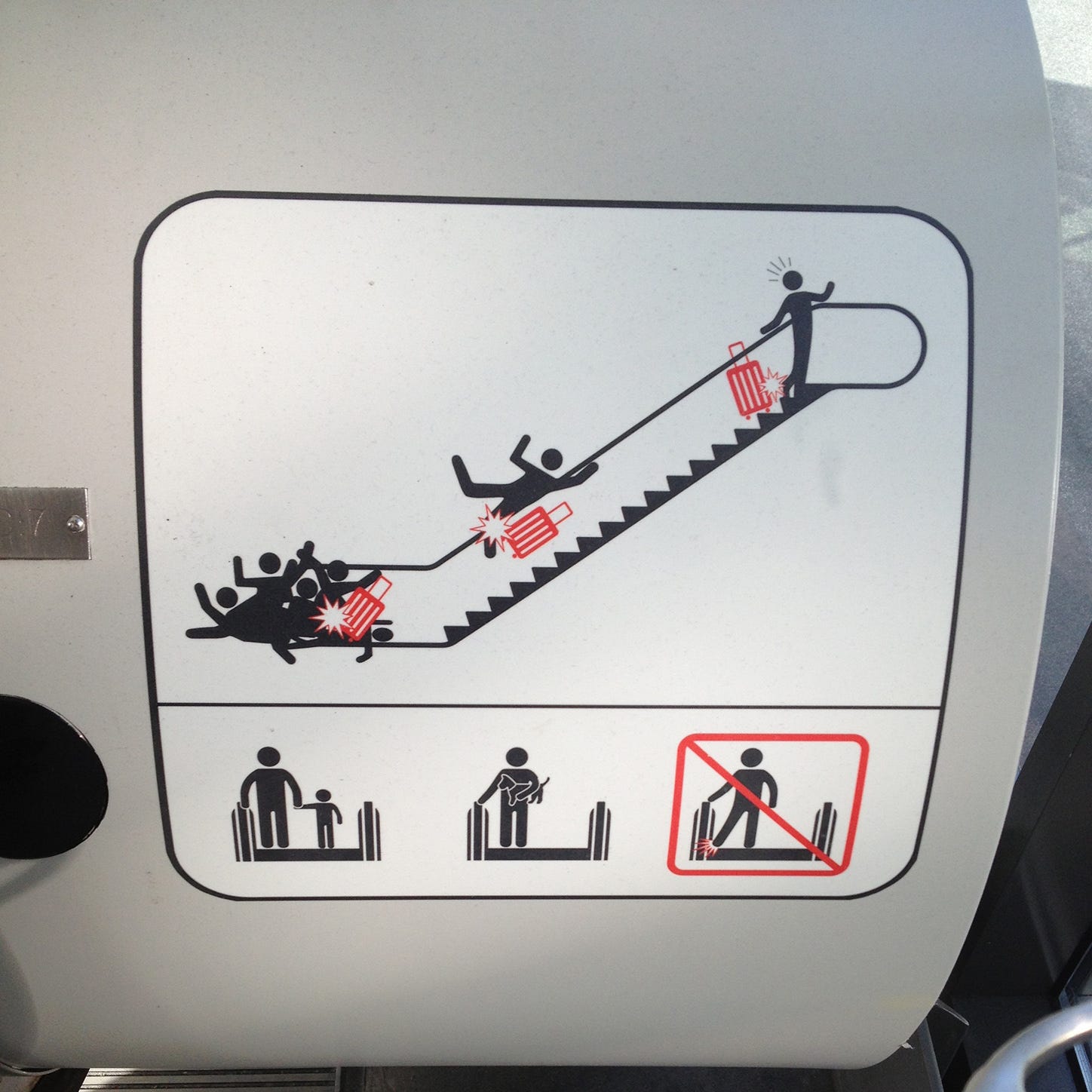 An escalator safety infographic showing several people tumbling down it with their luggage