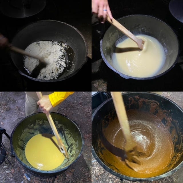 Four images of the process of making a roux in a large cast-iron pot, as it progresses from flour to a whitish slurry to a tan one and then a dark brown.