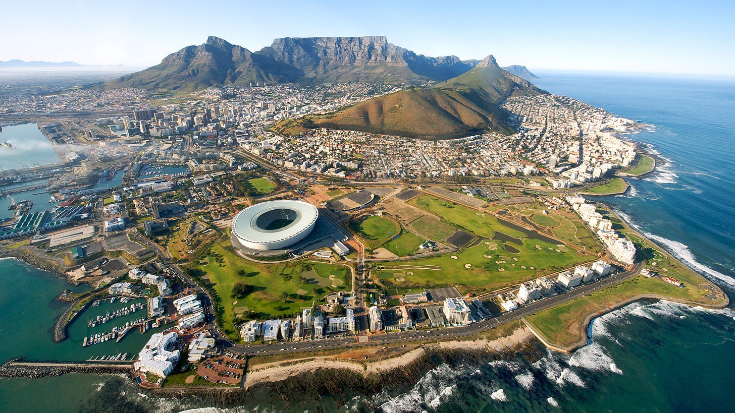 Aerial photo of Cape Town with Table Mountain at the back and Lion's head on the right