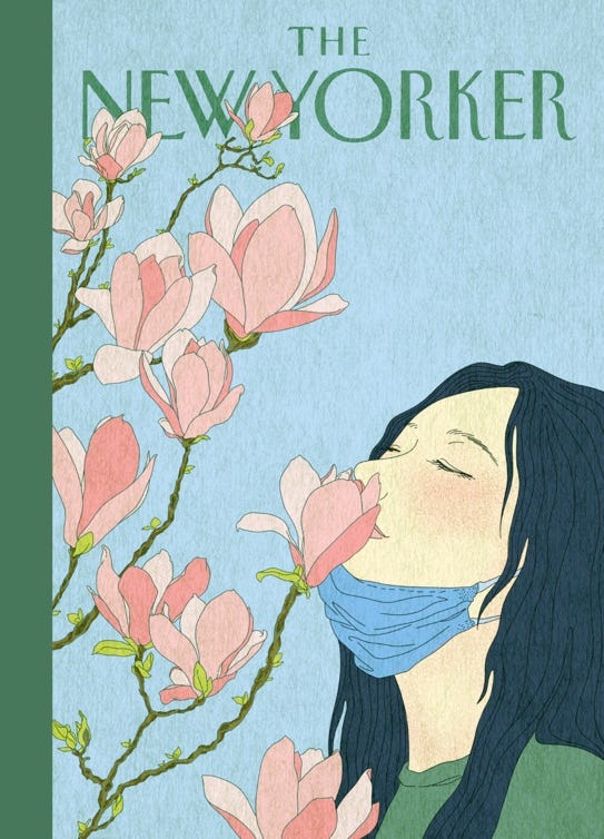 illustration of a girl, with her face mask pulled down to her chin, and her eyes are closed as she enjoyed smelling the pastel pink coloured flowers in front of her. 