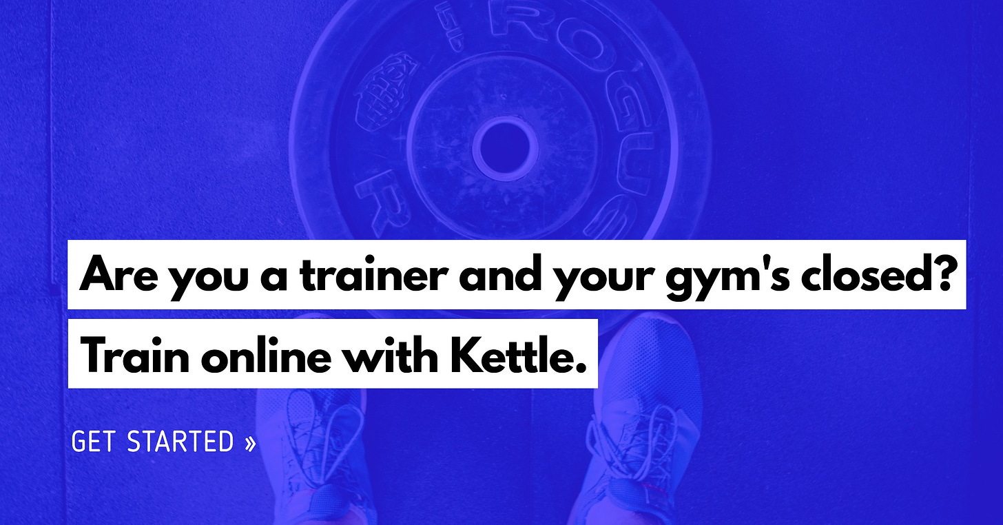 Facebook Ad with text Are you a trainer and your gym's closed? Train online with Kettle. Get Started.