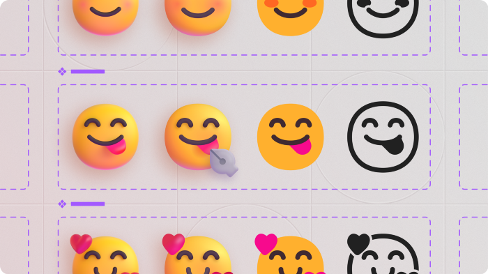 There’s four cheeky emoji in a row. The first is 3D, the second is vector with the pen tool pointed at its tongue, the third emoji is flat, and the forth, monochrome.