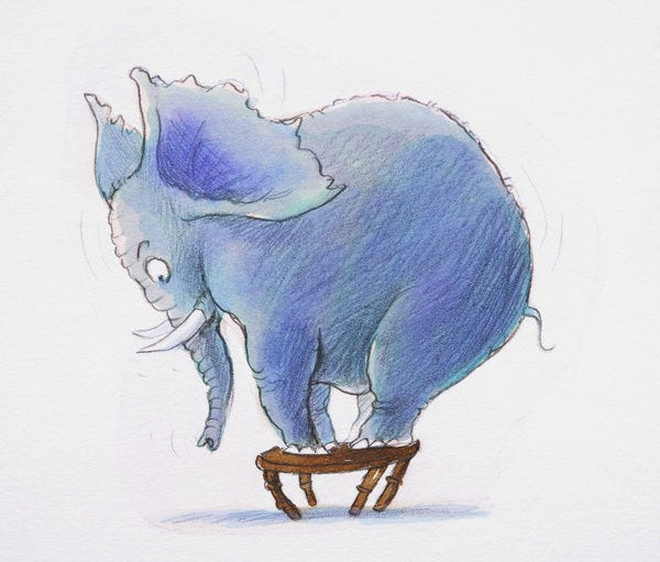 Cartoon elephant standing on small stool, side view (Photos Framed,  Prints,...) #13559089