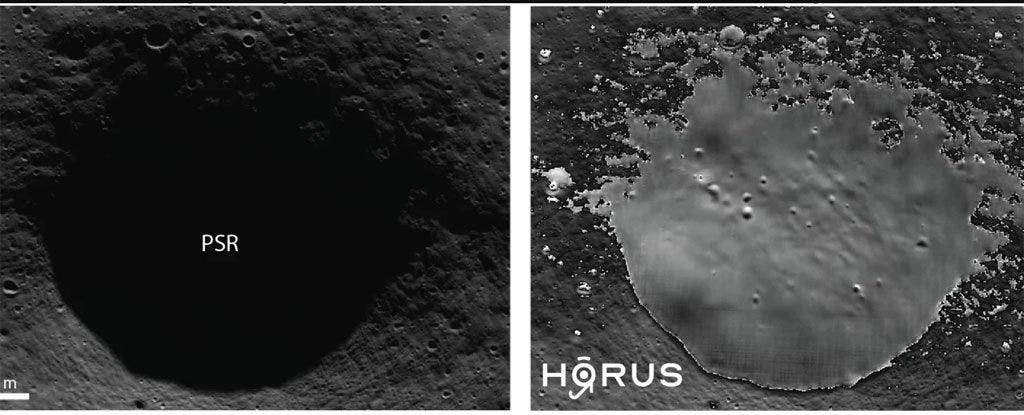 Side by side photos demonstrating HORUS's ability to generate high-definition photographs of dark lunar craters.
