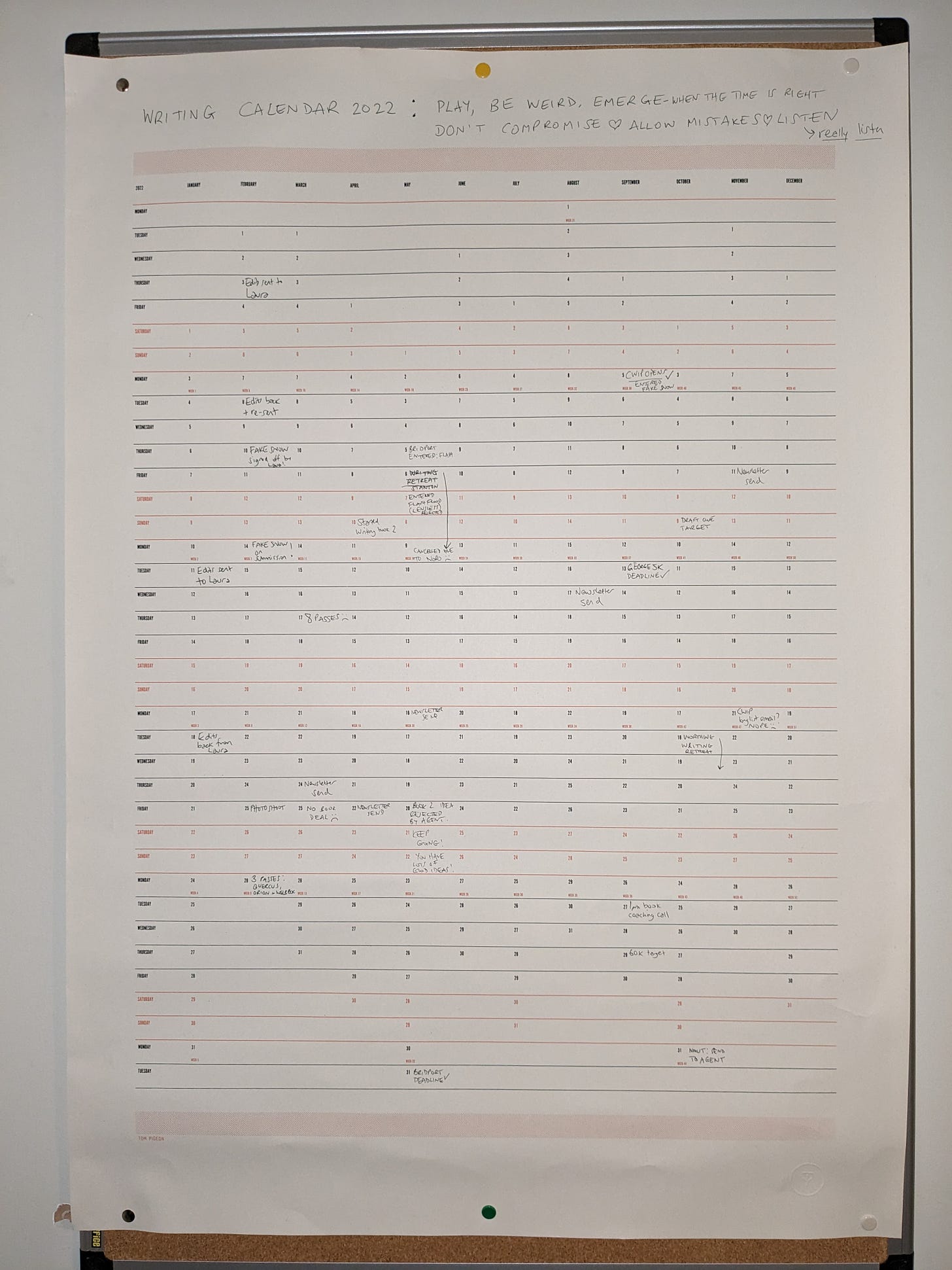 An image of Hayley's 2022 writing wall planner. Most of the days remain empty. There are lots of passes and rejections noted on it. But it doesn't tell the whole story.
