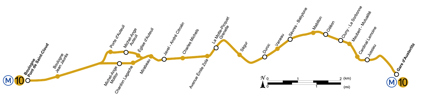 Geographically accurate path of Paris Métro Line 10