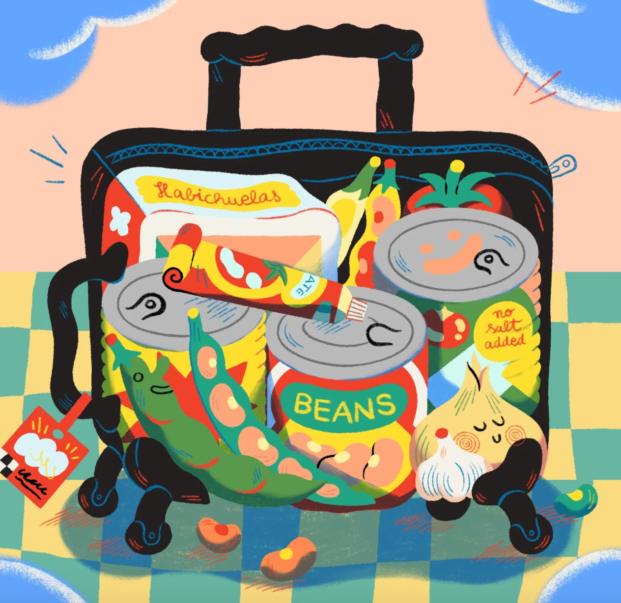 Illustration of open suitcase with cans of beans and other foods.