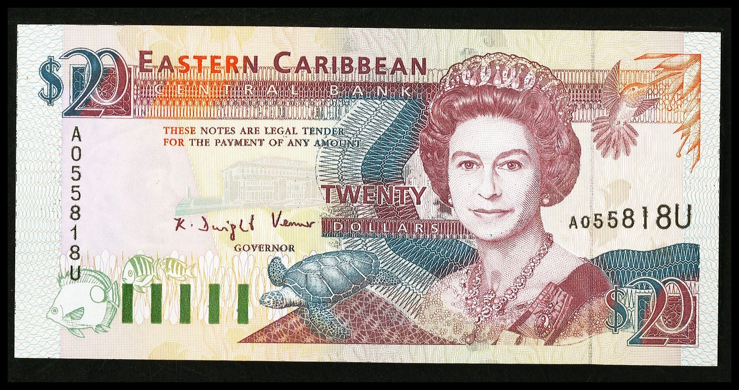 Världsvaluta: , Eastern Caribbean Central Bank $20 ND (1993) Välj 28u.  ... Bild #1 |  Karibien, sedlar, sedlar