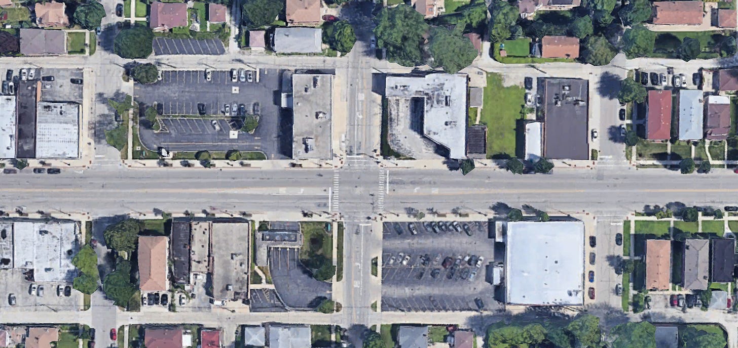 A screenshot of a Google Earth satellite image of a stroad in Skokie, Illinois. Not to pick on Skokie, but it just seemed like a place that would have plenty of stroads to get a good, representative image of one, and it turns out I was right. Email your address to hello@newpublic.org with “Broadsheet Skokie” and I’ll have a good laugh, and also send you a copy of our print broadsheet.