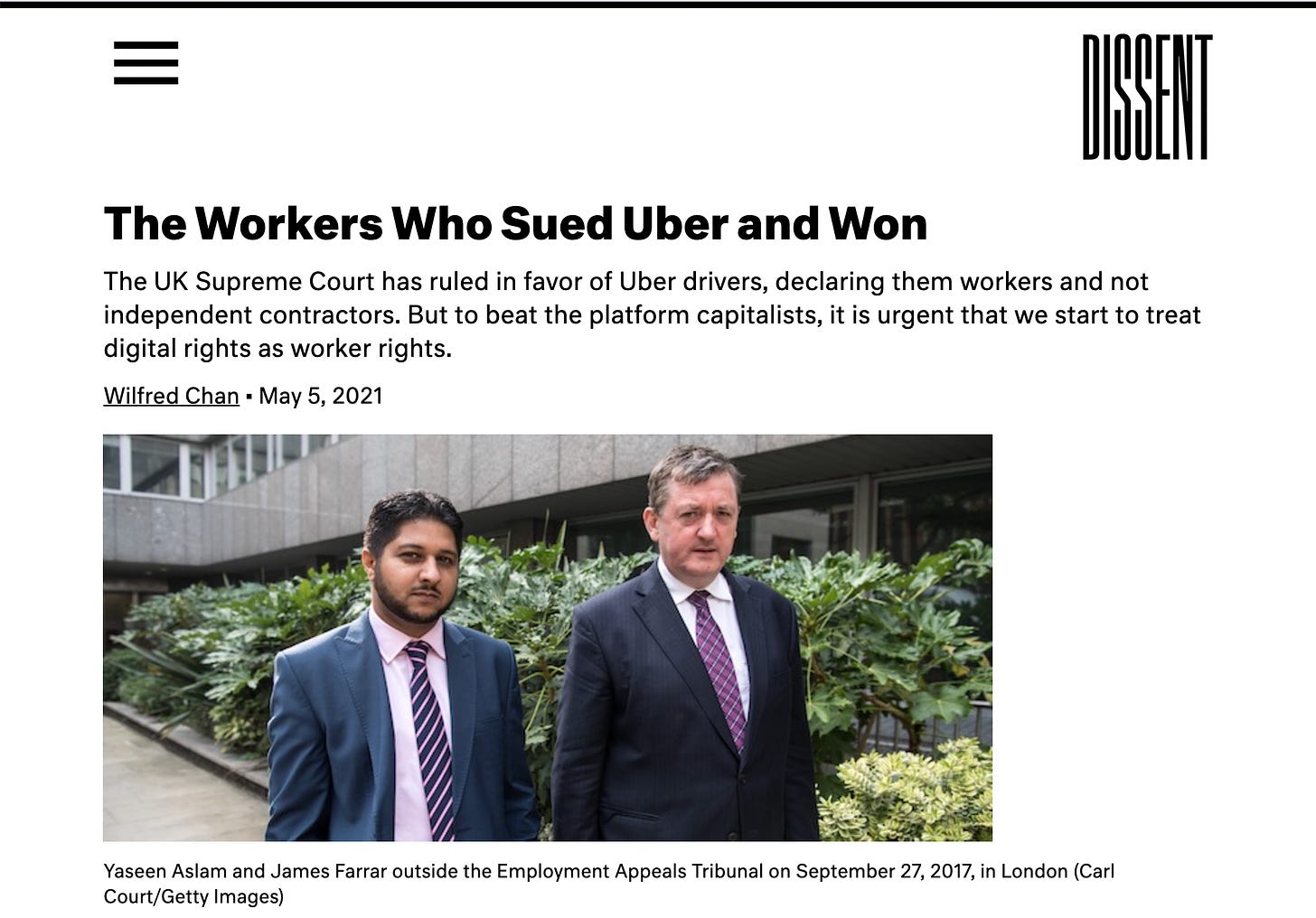 A screenshot of Wilfred's article in Dissent about the Uber driver who sued in the UK