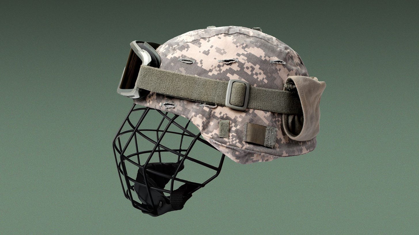 Illustration of a helmet made with a combination of a military helmet and a hockey helmet's face guard