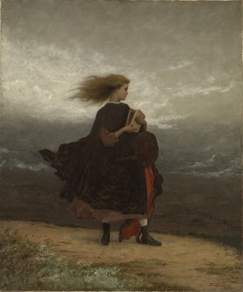 Uma garota está em um promontório, seus cabelos esvoaçando ao vento. O caminho à sua frente se esvai, 