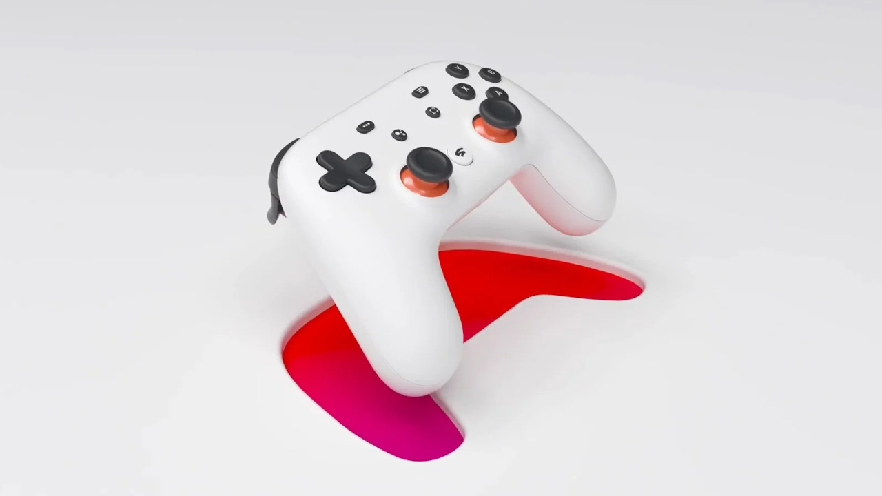 A Google Stadia controller hovering
