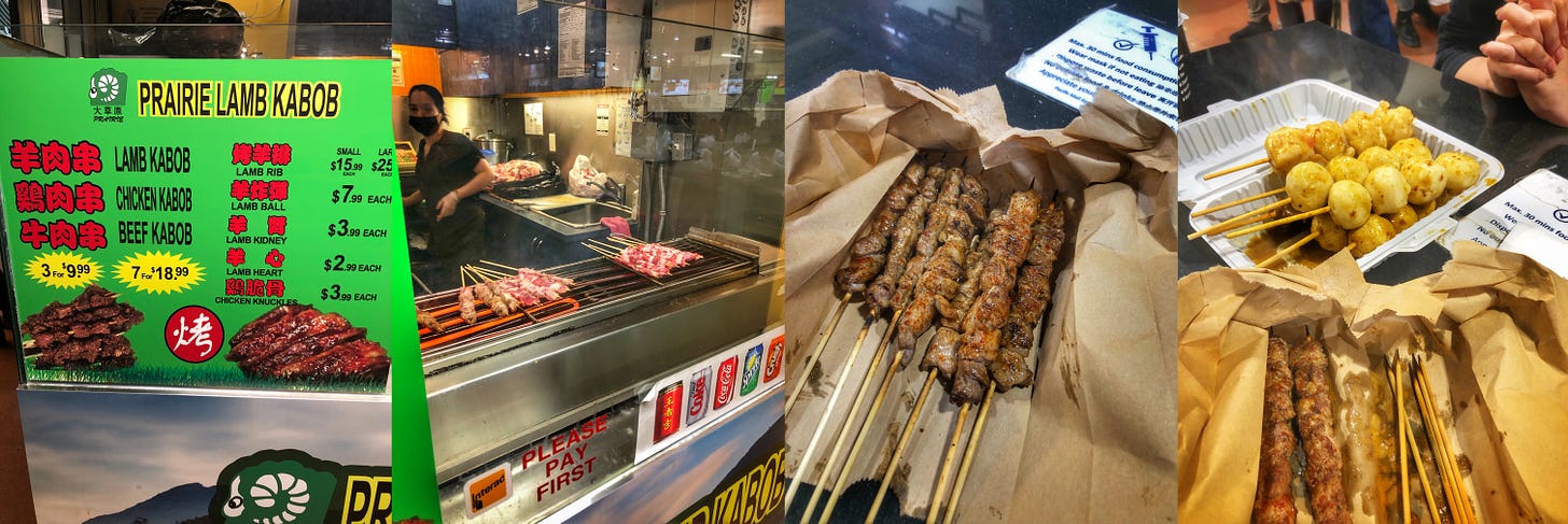 A sign showing the prices of lamb, chicken, or beef kabobs is three for $9.99 or 7 for $18.99. Another photo showing lamb kabobs on the grill. Another photo of a torn-open bag containing grilled lamb kabobs. And one more picture showing the same bag of kabobs, but now there is a styrofoam container with skewers of fish balls.