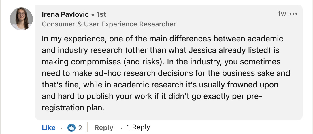 Irena's comment about games user research. Linked above