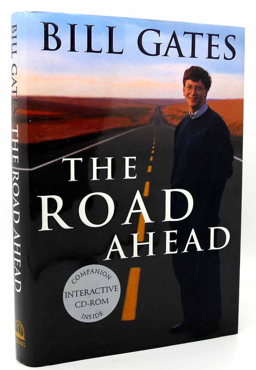 Book cover "The Road Ahead" by Bill Gates (1995). The photo is bill alone on a stretch of highway.