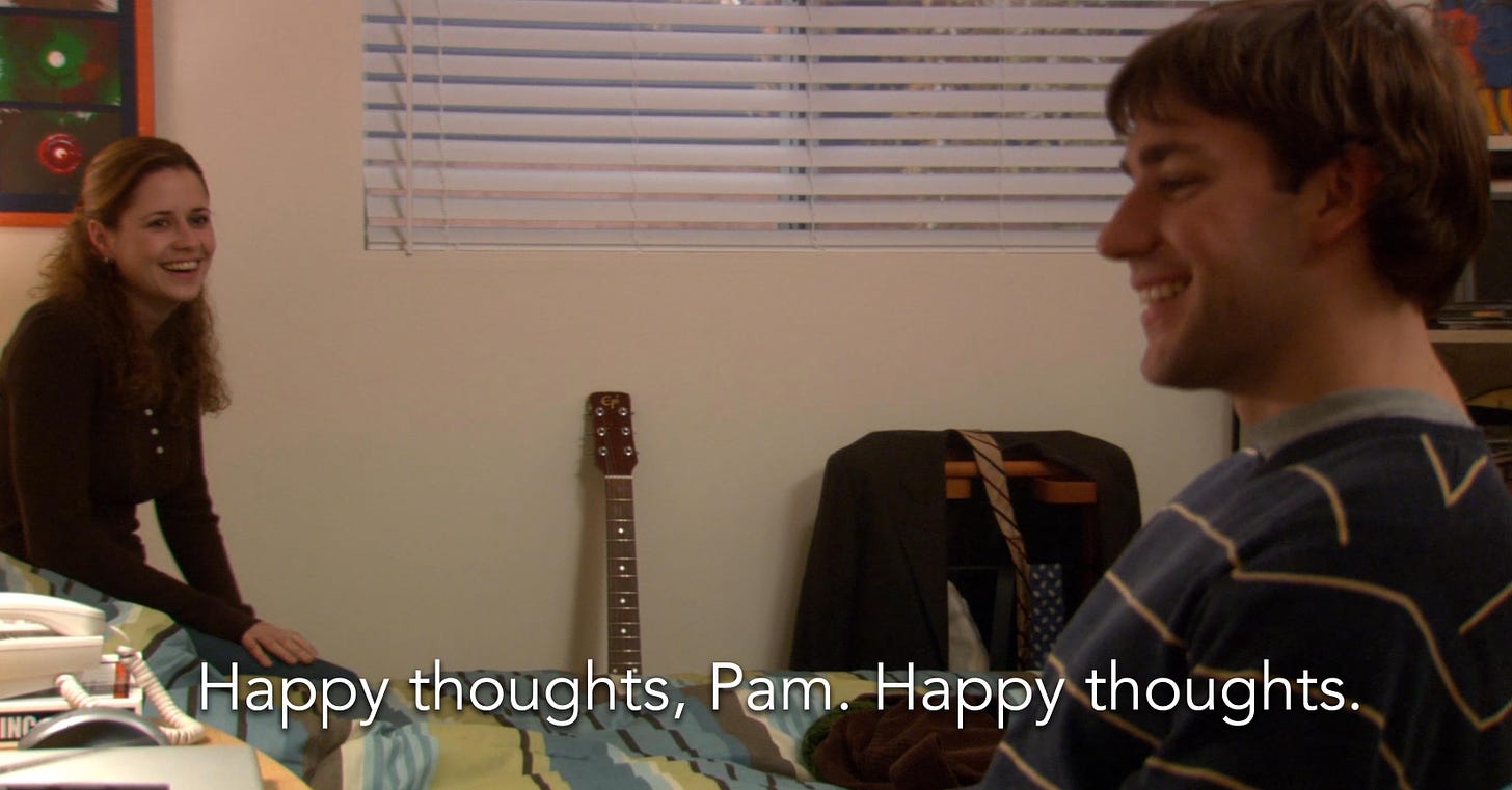 Jim and Pam in his room in "Email Surveillance" with Jim saying, 'Happy thoughts, Pam. Happy thoughts."