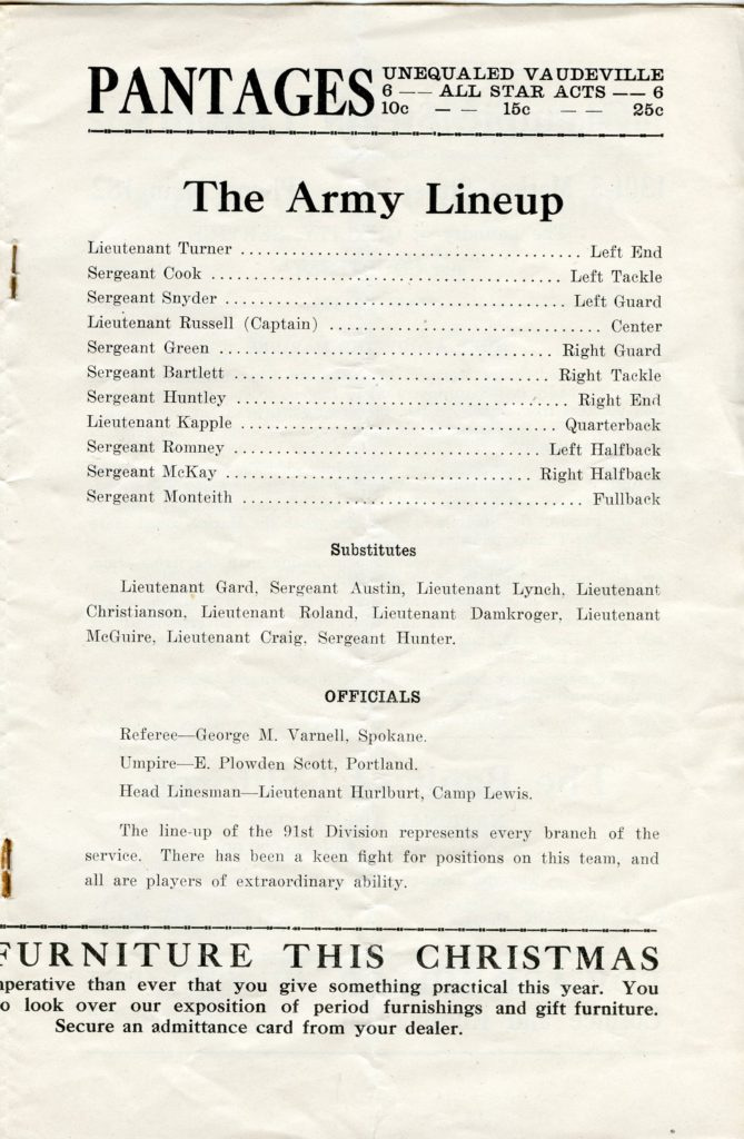 The Camp Lewis starters and substitutes for the Mare Island game. The Army's policy allowed officers and enlisted men to play together. Marine and Naval officers were banned from play.