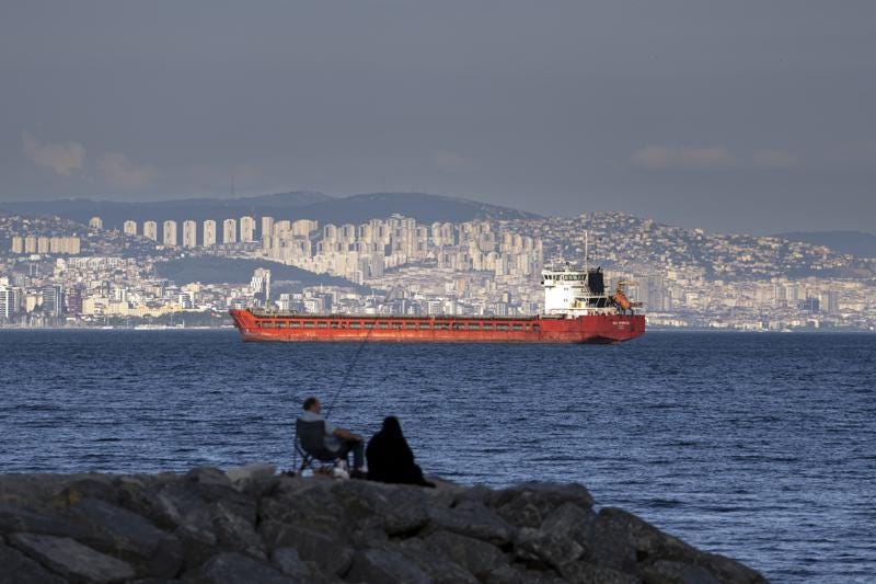 FILE - A family sit on a rock in front of a cargo ship anchors in the Marmara Sea awaits to access to cross the Bosphorus Straits in Istanbul, Turkey, on July 13, 2022. Turkish officials say a deal on a U.N. plan to unblock the exports of Ukrainian grain amid the war and to allow Russia to export grain and fertilizers will be signed Friday, July 22, 2022, in Istanbul. (AP Photo/Khalil Hamra, File)